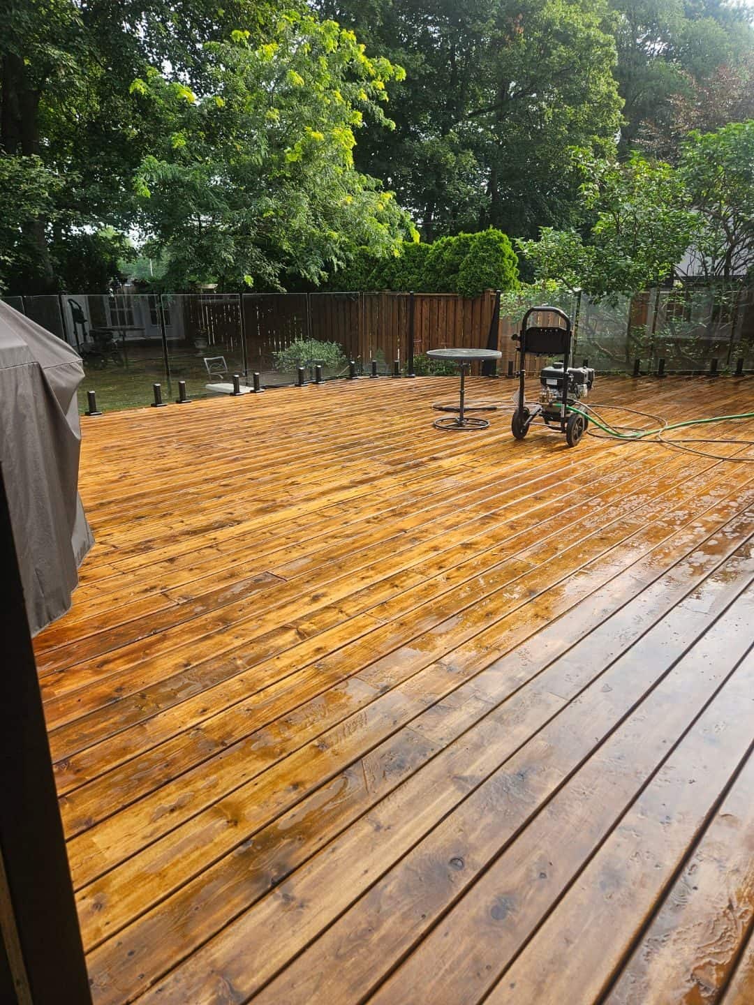 Close-up of cedar deck boards, grain and colour fully back after treatment